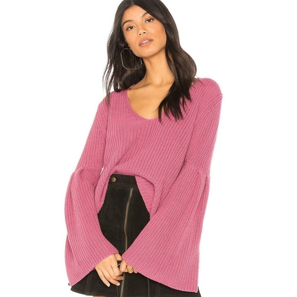 Free People Rose Pink Damsel Bell Sleeve Cotton V-neck Sweater |Small| - Picture 2 of 10